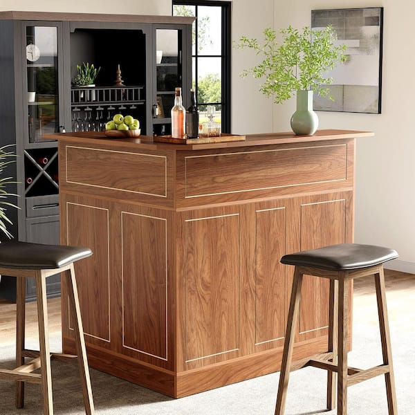 Kearsten Orange Brown 51.1 in. W Bar Cabinet, 4-Tier L-Shaped Home Mini Bar Table Corner Unit for with Stemware Racks