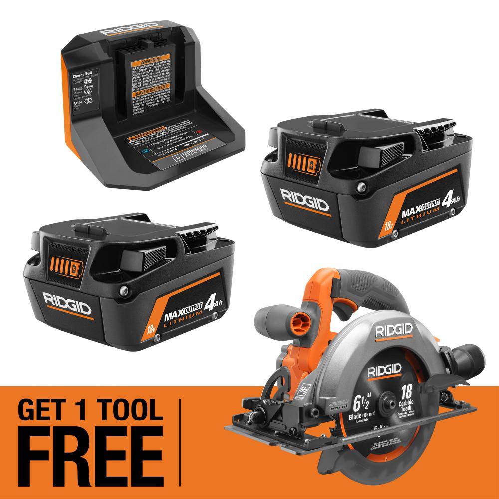 RIDGID 18V MAX Output Starter Kit with (2) 4.0 Ah MAX Output Batteries and Charger w/ FREE 18V Subcompact 6-1/2 in Circular Saw AC8609340SB-R8656B
