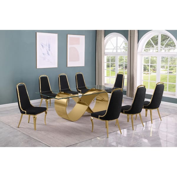 Best Quality Furniture Celia 9-Piece Clear Tempered Glass Top with Gold Stainless Steel Base Dining Set with 8 Black Boucle Fabric Chairs