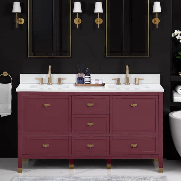 Alana 61 in. Double Sink Burgundy Red Bath Vanity with White Engineered Stone Top