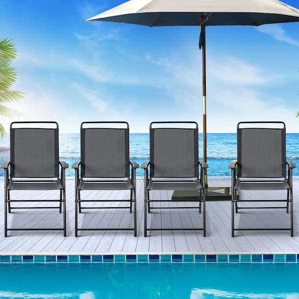 Costway Grey Metal Folding Armrest Portable Lawn Chair (Set of 4