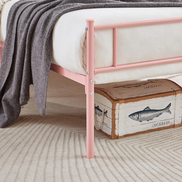Queen Bed Frame, Pink Platform Bed No Box Spring Needed, Heavy Duty Steel Slats Support Bed