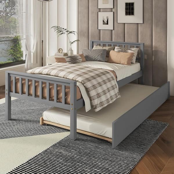 Gray Pine Frame Twin Platform Bed with Trundle for Bedroom and Living Space