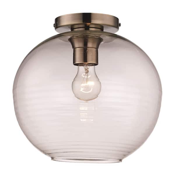 Bel Air Lighting 11 in. 1-Light Antique Brass Flush Mount with Clear Glass Shade