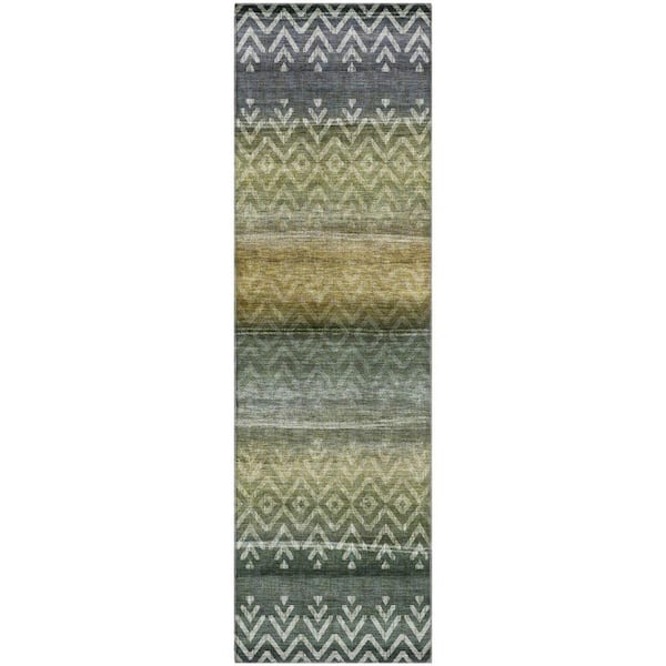 Mayfield Premium Machine Washable Abstract AMF2042 Green 2 ft. x 7 ft. Runner Rug