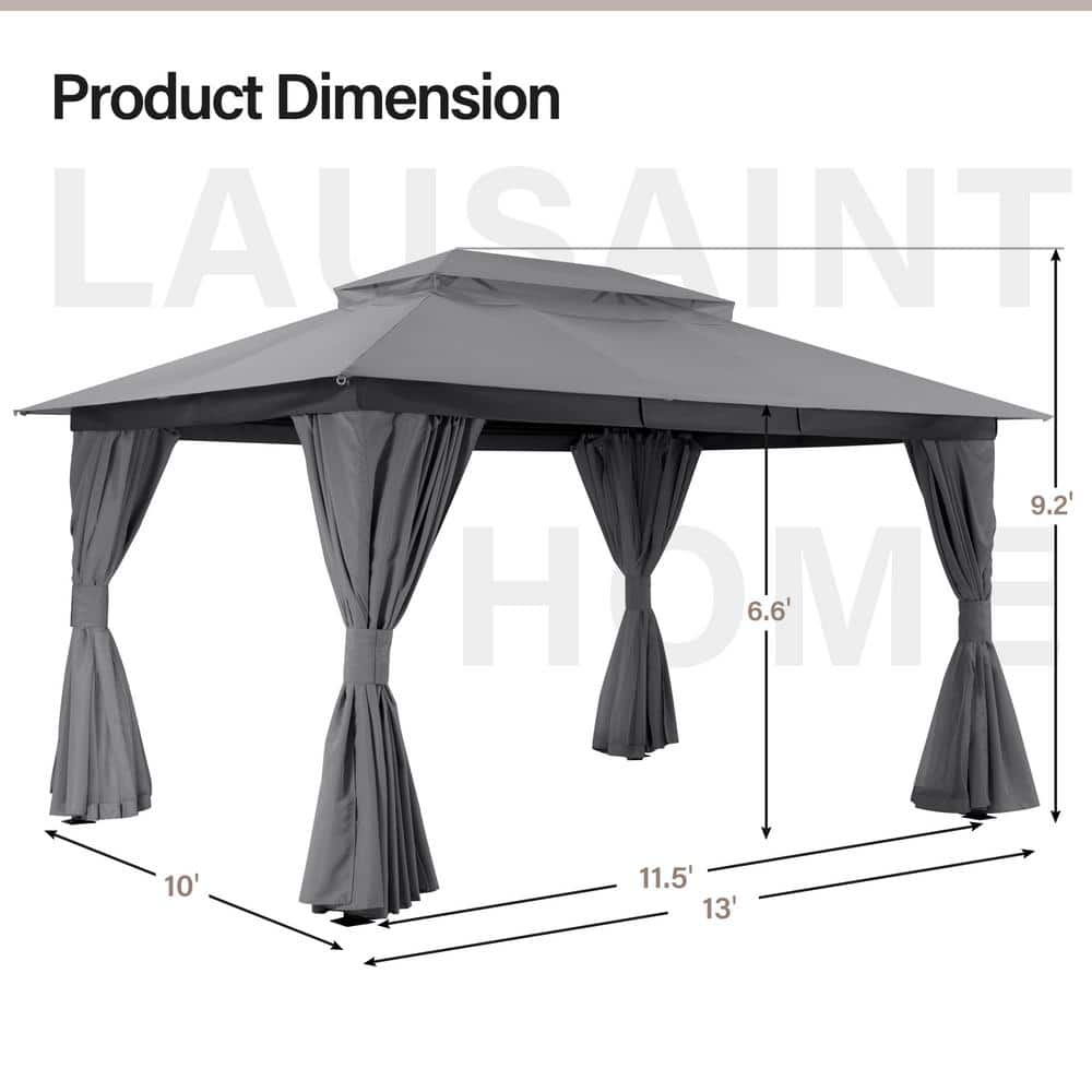 Gray 10'x13' Steel Patio Gazebo with Double Roof and Mosquito Netting