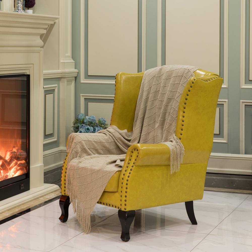 Khaki Knitted Throw Blanket Set with Fringe Edges, 50x60 in