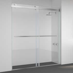 Spezia 68 in. W x 76 in. H Double Sliding Seimi-Frameless Shower Door in Brushed Nickel with Clear Glass