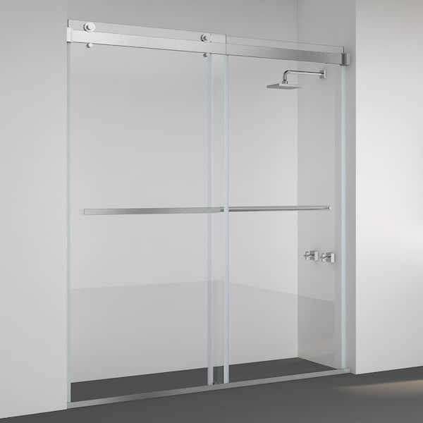 ROSWELL Spezia 68 in. W x 76 in. H Double Sliding Seimi-Frameless Shower Door in Brushed Nickel with Clear Glass