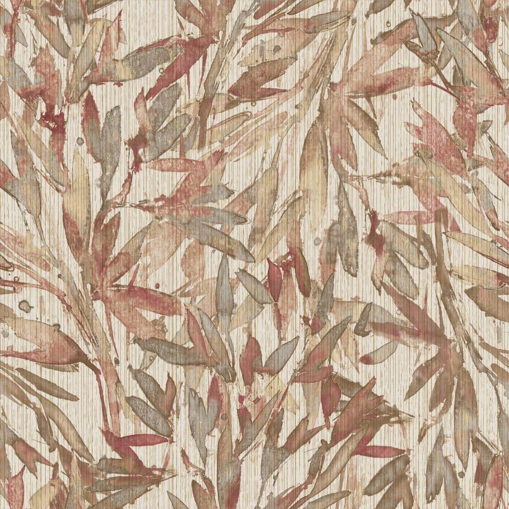 Red and Warm Gray Tropical Leaf Vinyl Wallpaper