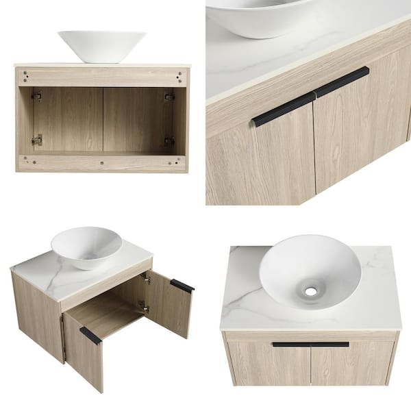 29.5 in. W Floating Wall-Mounted Bath Vanity in White Oak with White Ceramic Top