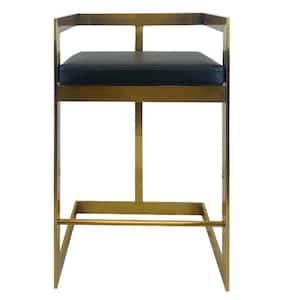 27 in. Black and Gold Low Back Metal Frame Counter Stool with Faux Leather Seat