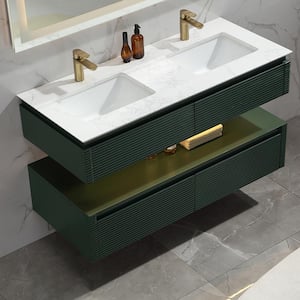 48 in. W x 20.7 in. D x 19.6 in. H Double Floating Sink Solid Wood Bath Vanity in Green with White Marble Top and Lights