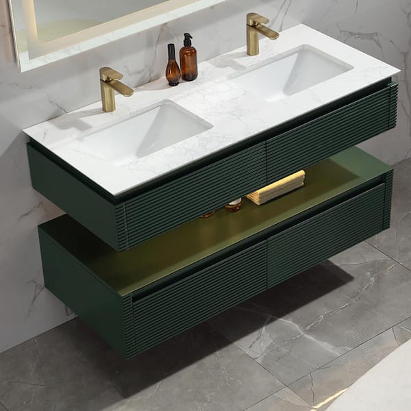 Lonni 48 in. W x 20.7 in. D x 19.6 in. H Double Floating Sink Solid Wood Bath Vanity in Green with White Marble Top and Lights