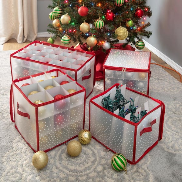 Plastic Christmas Ornament Storage Box with 2 Sided Dual Zipper Closure -  Keeps 64 Holiday Ornaments, Xmas Decorations Accessories, 3 Cube  Compartments - Sturdy Flexible Plastic (Gold)
