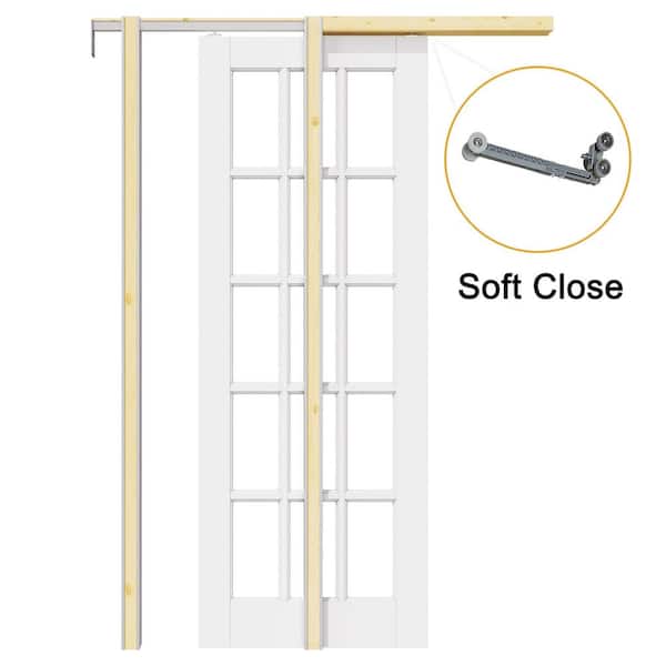 ARK DESIGN 30 in. x 80 in. 15-Lite Clear Glass Primed Solid Core Glass Pocket Door Frame and Hardware Soft Close Included