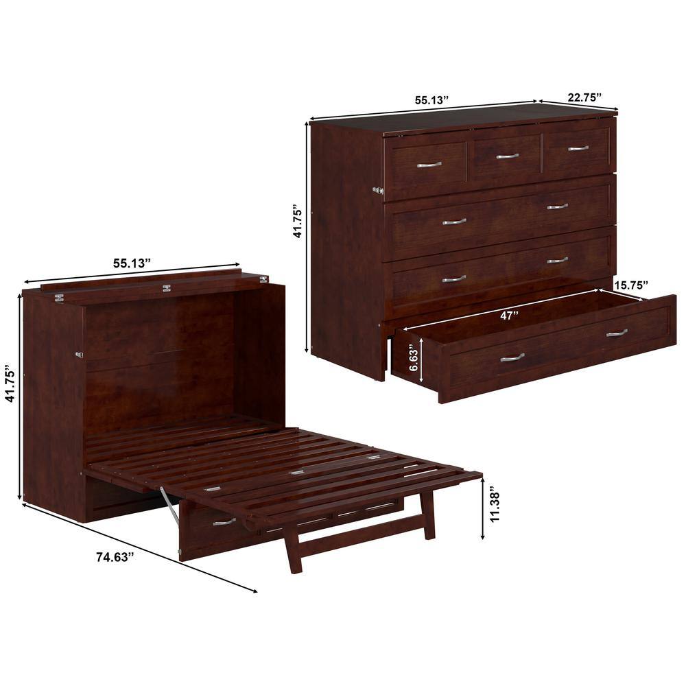 Walnut Full Murphy Bed Chest with Storage Drawer