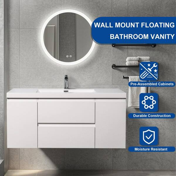 48 in. Wall-Mounted Floating Bath Vanity in Gloss White with Single Solid Surface Sink Top in White
