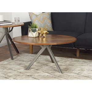 36 in. Brown Round Wood Industrial Coffee Table