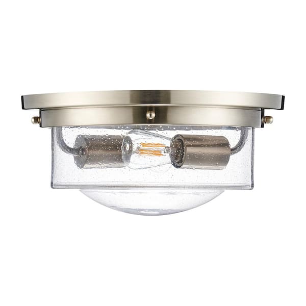 Merra 12.6 in. 2-Light Brushed Nickel Flush Mount Ceiling Light with Beaded Glass Drum Shade
