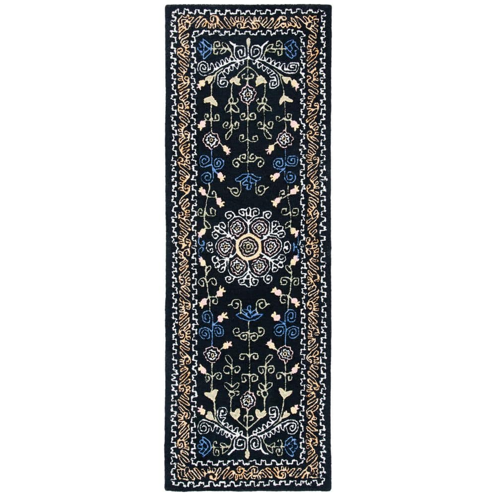 SAFAVIEH Micro-Loop Black/Green 2 ft. x 5 ft. Floral Border Runner Rug ...