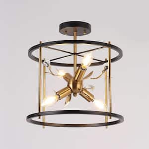Modern Matte Black and Plating Brass 4-Light Semi-Flush Mount Ceiling Light with Sputnik Design and Crystal Accent