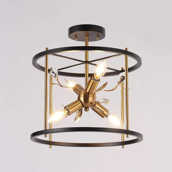 LNC Modern Matte Black and Plating Brass 4-Light Semi-Flush Mount Ceiling Light with Sputnik Design and Crystal Accent