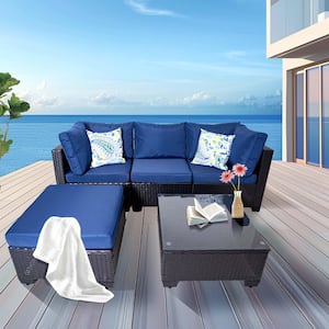 5-Piece Wicker Outdoor Sofa Sectional Set with Blue Cushions and Pillow