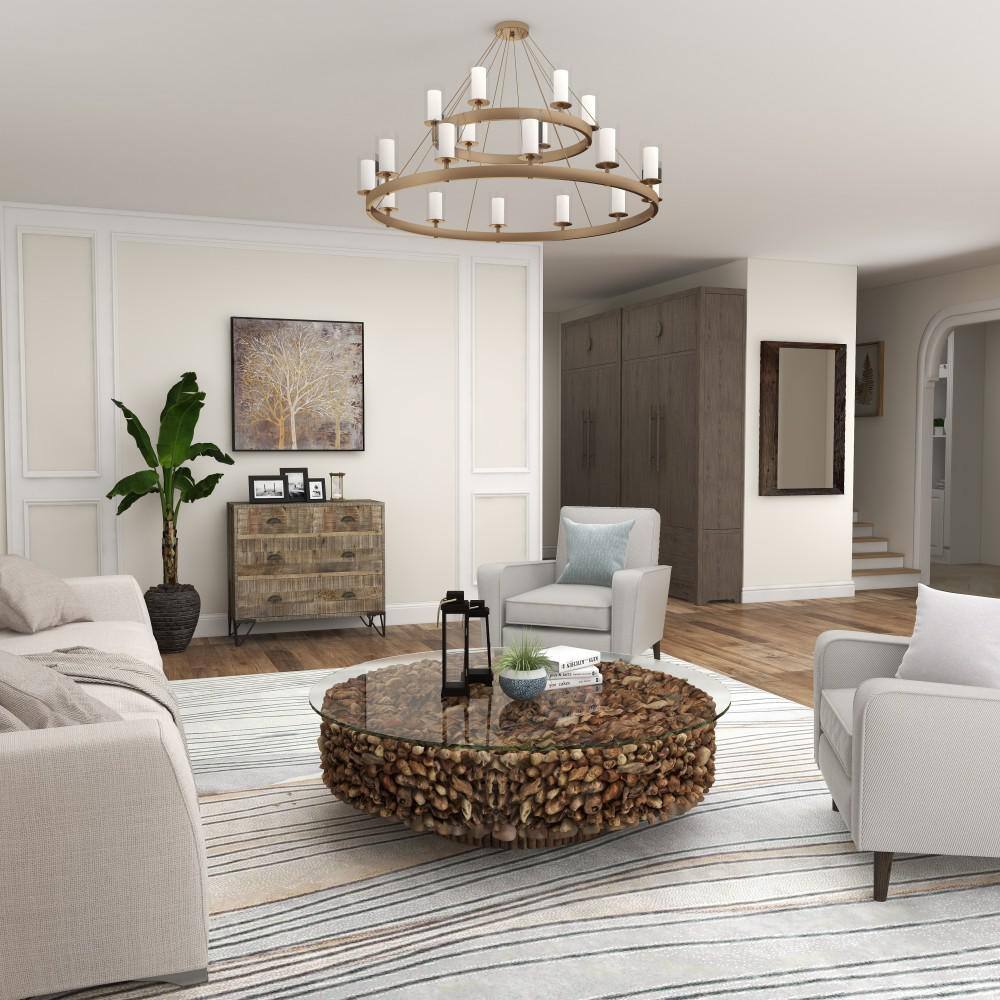 Handcrafted Driftwood Round Coffee Table with Glass Top, 48" Brown