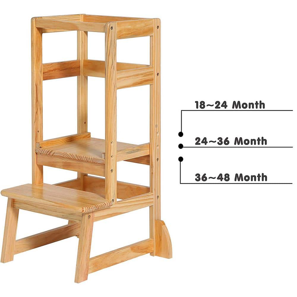Natural Wooden Adjustable Height 2-Step Learning Stool
