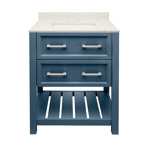 Amluxx Milan 25 in. W x 19 in. D x 36 in. H Bath Vanity in Navy Blue with Quartz Stone Vanity Top in Lyra White