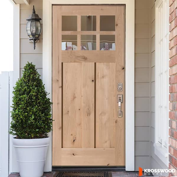 36 in. x 80 in. Craftsman 2-Panel 6-Lite Clear Low-E Knotty Alder Unfinished Wood Front Door Slab