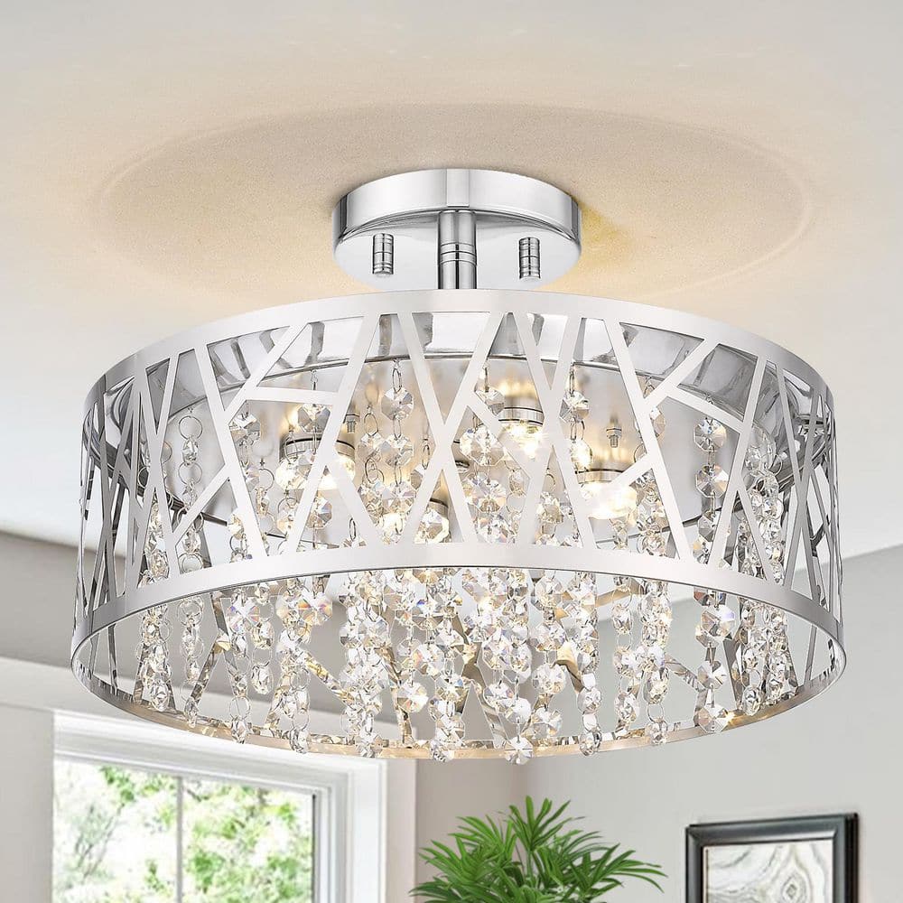 13.78 in. 1-Light Dimmable Chrome Round LED Semi-Flush Mount Crystal Ceilin