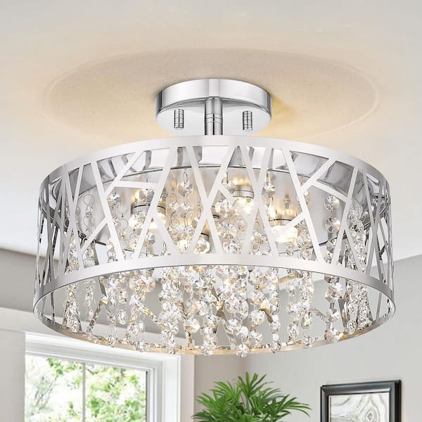 13.78 in. 1-Light Modern Small Chrome Drum Dimmable LED Semi-Flush Mount Ceiling Light with Beaded Crystal Shade