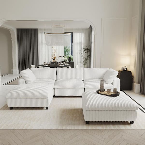 Magic Home Lawson Cloud Couch 118 in. Square Arm Velvet Solid Wood Modular Convertible Sofa with Ottomans, Washable Covers in White