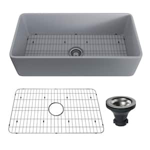 36 in. Farmhouse/Apron-Front Single Bowl Matte Gray S1 Fine Fireclay Kitchen Sink with Bottom Grid and Strainer Basket