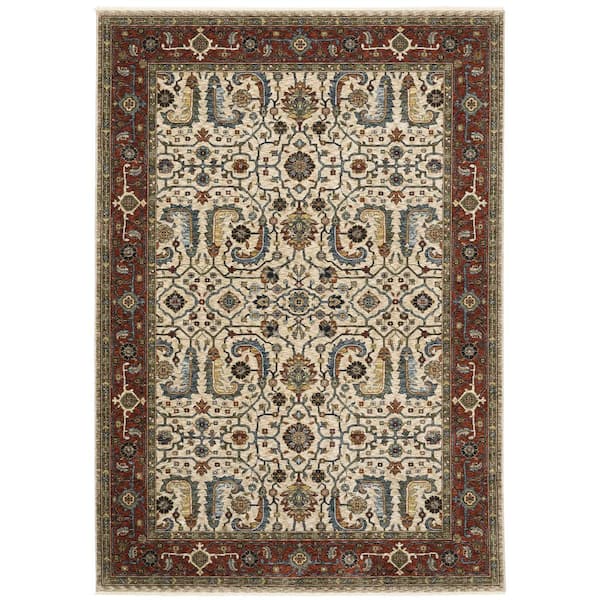 AVERLEY HOME Ambrose Ivory Doormat 3 ft. x 5 ft. Border Oriental Floral Polyester Fringe Edge Indoor Area Rug