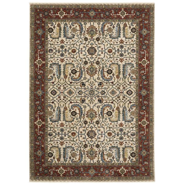 AVERLEY HOME Ambrose Ivory/Red 8 ft. x 11 ft. Border Oriental Floral Polyester Fringe Edge Indoor Area Rug