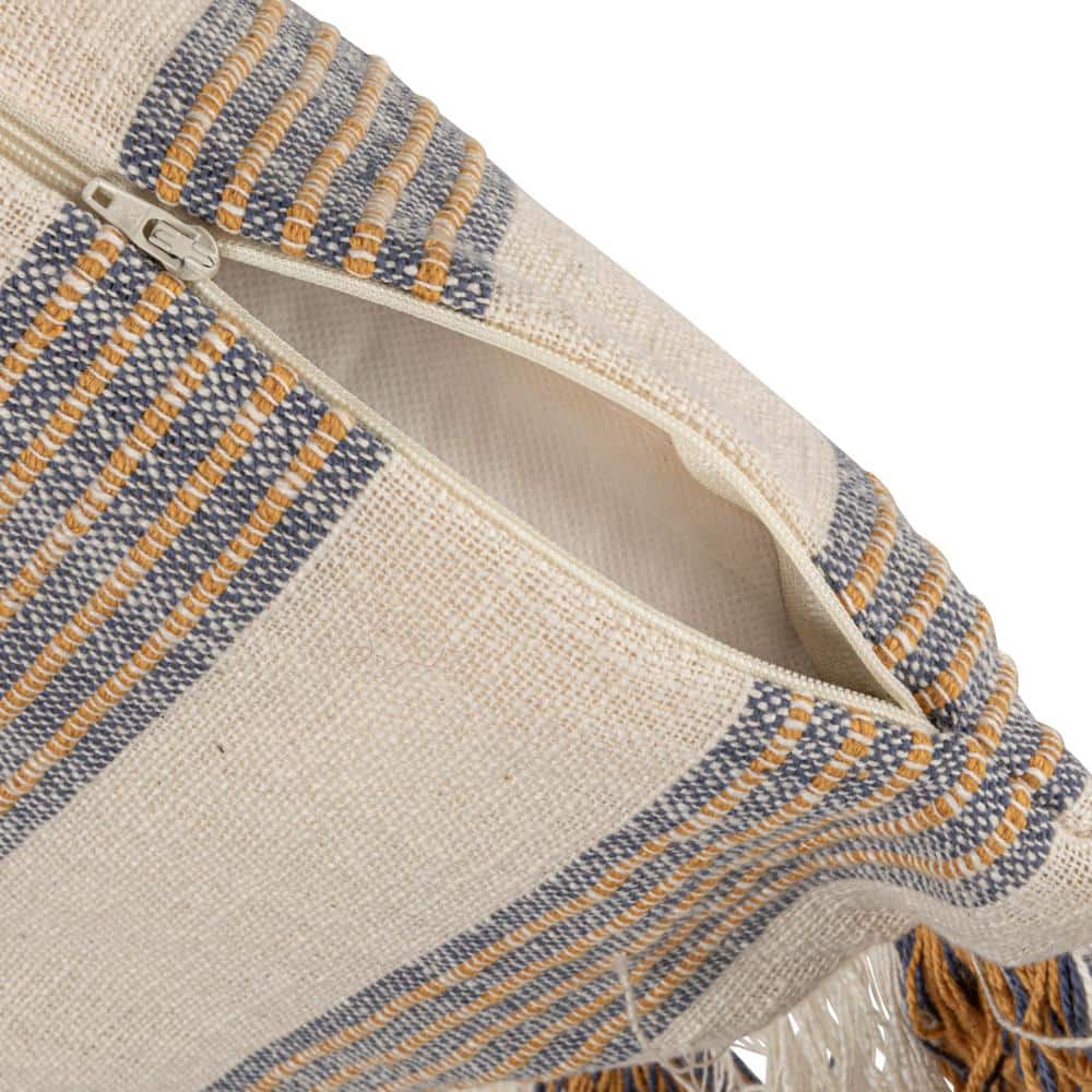 Gray and Yellow Striped Cotton Square Throw Pillow with Fringe