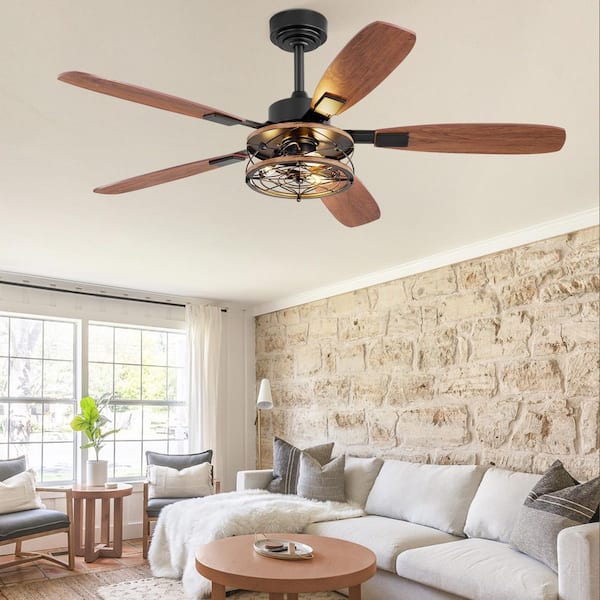 52 in. Black Indoor 6 Speeds Reversible Farmhouse Caged Ceiling Fans with Lights and Remote and Dual Finish 5 Blades