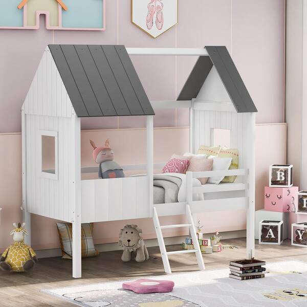 Low Loft Wood House Bed, Rooms To Go Pink Cottage Loft Bed