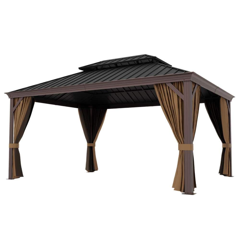 Shade Graphix 12 x 16 ft. Double-Roof Hardtop Gazebo w/ Aluminum Frame Privacy Curtain and Net Drainage Gutter, Black