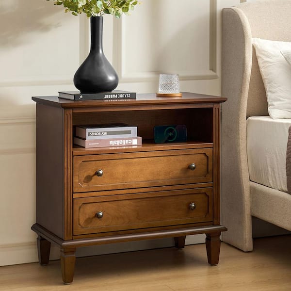 Juiien Mid-Century Solid Wood 2 - Drawer Storage Nightstand with USB Port Set of 2-Walnut