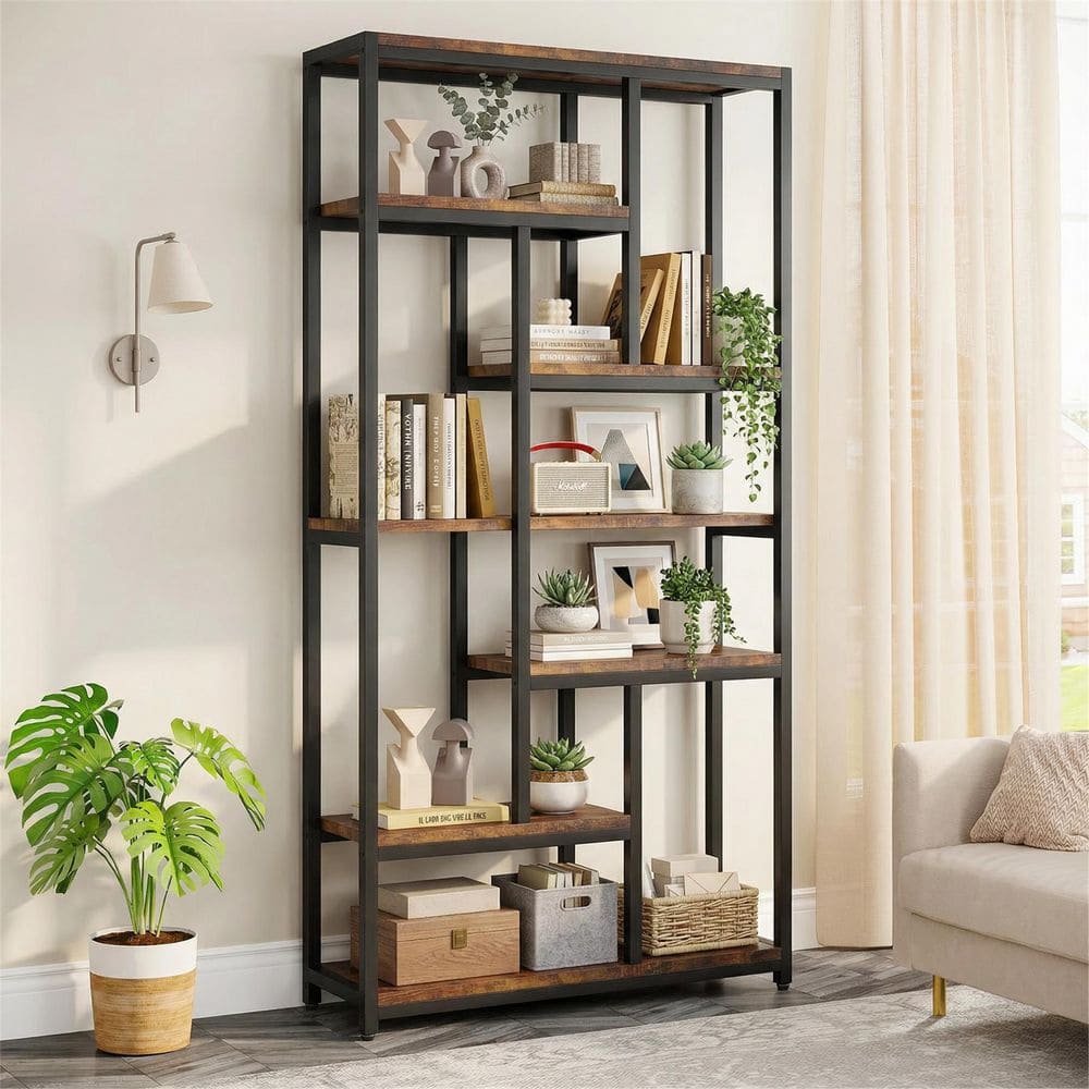 Jannelly 79 in. Tall Rustic Brown Wood 7-Shelf Etagere Bookcase, Industrial Bookshelf Freestanding Open Storage Shelves