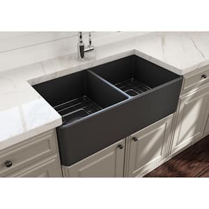 Classico Farmhouse Apron Front Fireclay 33 in. Double Bowl Kitchen Sink with Bottom Grid and Strainer in Matte Dark Gray