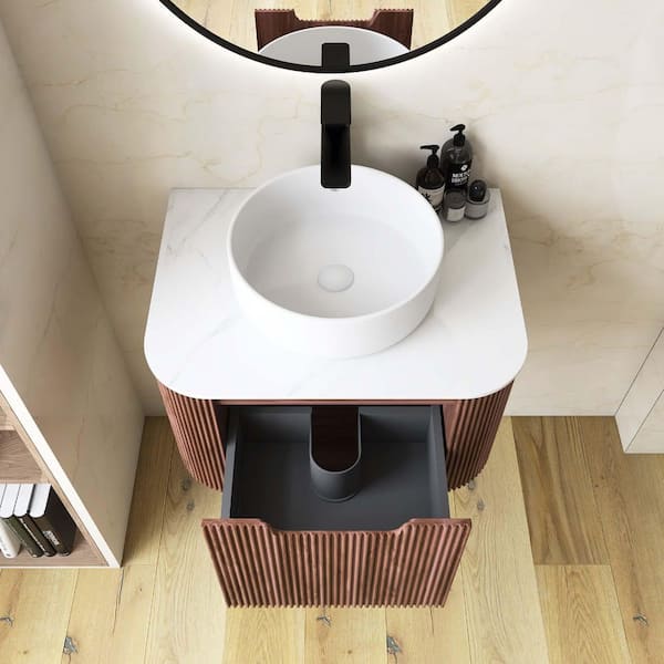 Yingze 24 in. Wall Mounted Single Sink Walnut Bath Vanity with