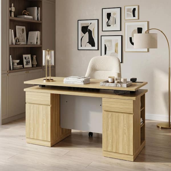 FUFU&GAGA 54.3 in. Rectangular Yellow Wood Grain 2-Drawer Computer