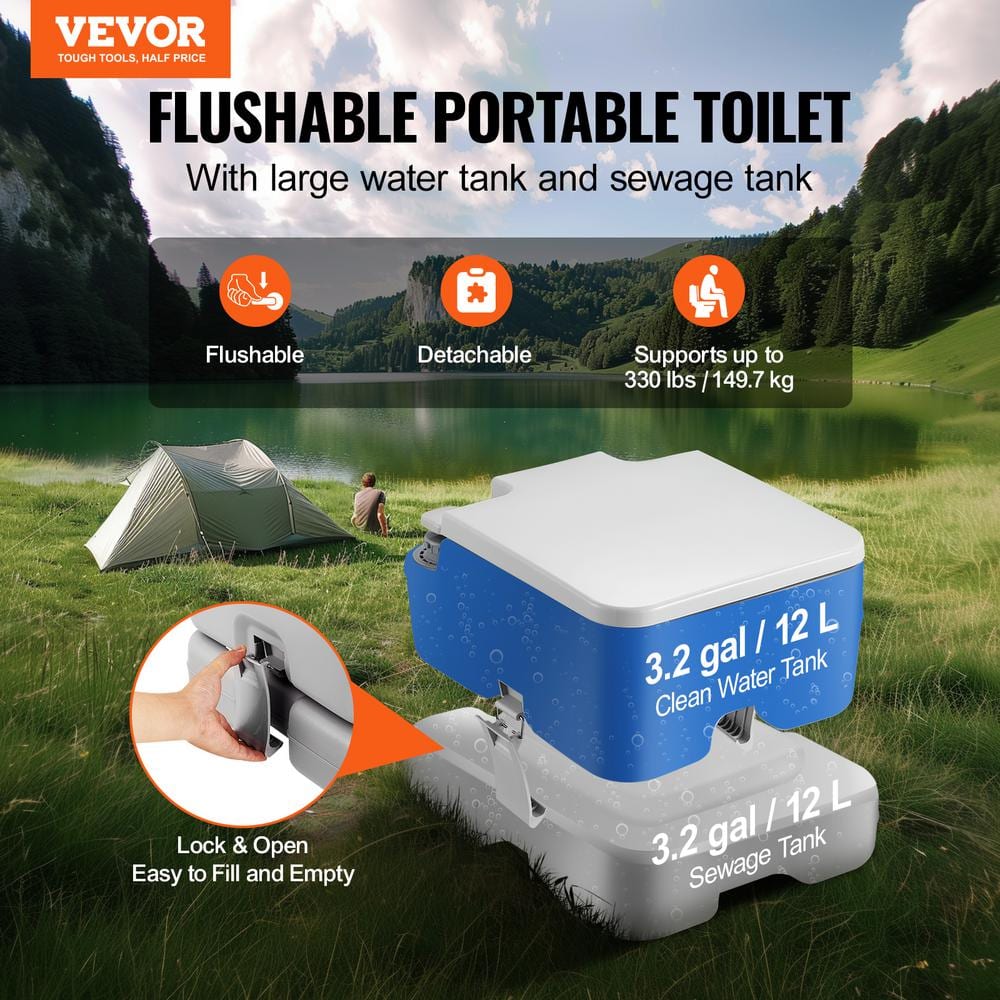 Gray Plastic Freestanding Portable Camping Toilet with 3.2 Gallon Tanks