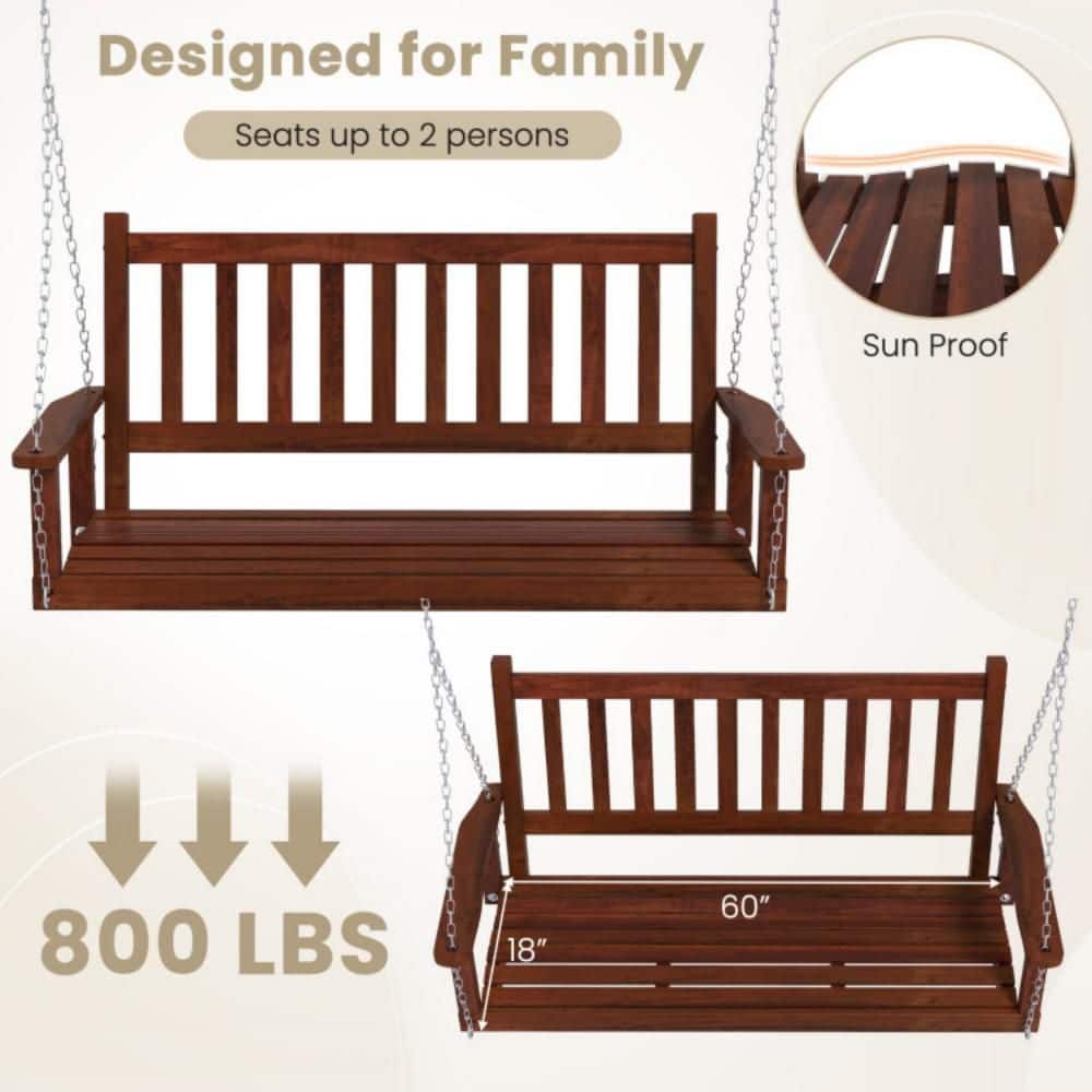 Brown Poplar Wood 3-Person Outdoor Porch Swing with Metal Chains