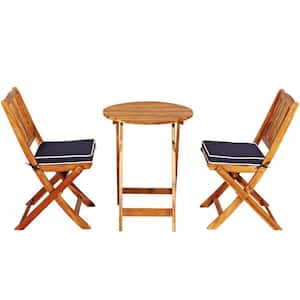 3-Piece Natural Wood Folding Outdoor Bistro Set with Navy Cushions